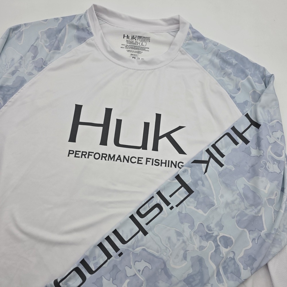 Huk Fishing Shirt Men's Large White Icon X Current Blue Camo Long Sleeve Stretch